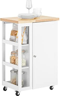 SoBuy Carrito Cocina con Ruedas y estantería Lateral Mueble Auxiliar Blanco con Armario de una Puerta Carro Organizador de Cocina para almacenaje y preparación de Alimentos, 60x92x45cm FKW75-WN