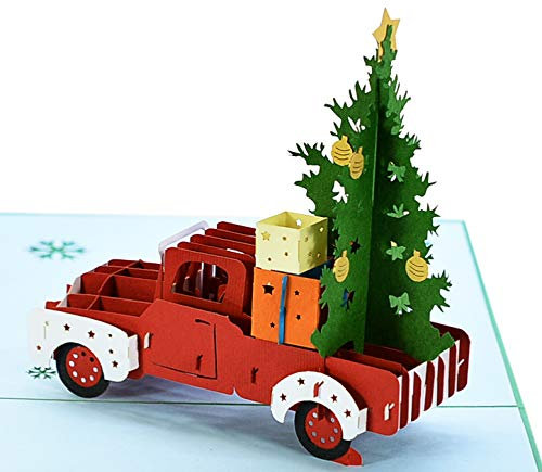 CUTPOPUP Baumauto Weihnachten– Weihnachtskarten 2024, Pop Up Karte Weihnachten, 3D Weihnachtskarten mit Umschlag, Weihnachtskarte (Tree Car Xmas) CN154DE