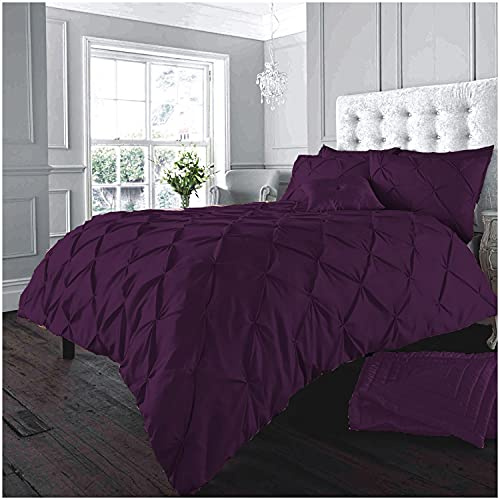 GC GAVENO CAVAILIA Pinch Pleat Duvet Cover Sets, Pintuck Bedding Set With Matching Pillowcases, Super King Bed Set Aubergine