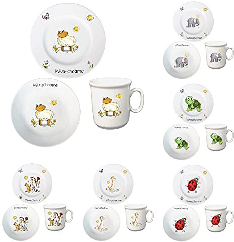 Kindergeschirr personalisiert - Frühstücksservice 3-tlg. Porzellan Teller Becher Schale personalisierbar mit Wunschname Name Frühstücksset mit Namen personalisiert (Lamm)