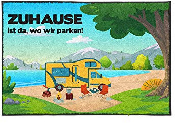 TassenTicker - Fußmatte mit Spruch - Zuhause ist da, wo wir parken! - Wohnwagen - Bulli - See - Camping Geschenk - Urlaub - innen & außen - waschbar - Geschenkidee - Dekoration