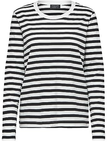 SELECTED FEMME Women's SLFSTANDARD LS TEE STR NOOS T-Shirt, Black/Stripes: Snow White, M