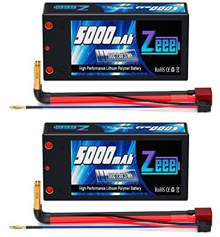 Zeee 2S Lipo Battery 5000mAh 7.4V 100C Shorty Hard Case Battery with 4mm Bullet to T Connector for RC 1/10 Scale Vehicles Car Trucks Boats RC Models(2 Pack)