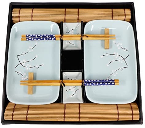 Exzact 10-teiliges Sushi-Set – 2 x Sushi-Teller, 2 x Dip-Schalen, 2 x Bambus-Tischsets, 2 x Bambus-Essstäbchen, 2 Paar Essstäbchen – hochwertiges Porzellan - in Geschenkbox – Blau