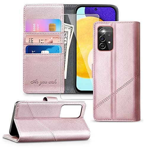 KRAFTCARE Handyhülle für Samsung Galaxy A52 Hülle | Klapphülle mit Premium PU Leder, 3 Kartenfächer + Geldscheinfach, Ständer, Stoßfeste, RFID Blockierung, Rosa