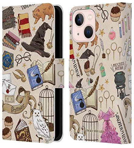 Head Case Designs Officially Licensed Harry Potter Hogwarts Pattern Deathly Hallows XXXVII Leather Wallet Case Compatible With Apple iPhone 13 Mini