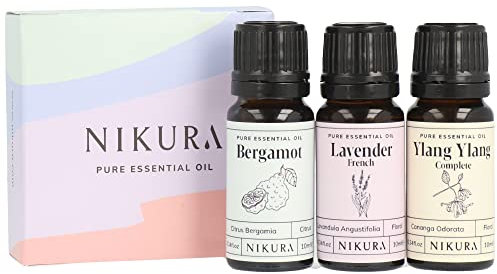 Nikura Favourites Essential Oils Set - 3 x 10ml | Essential Oils for Diffusers for Home, Sleep, Relaxing, Hair, Aromatherapy | Bergamot, Lavender & Ylang Ylang Gift Set | 100% Pure and Natural