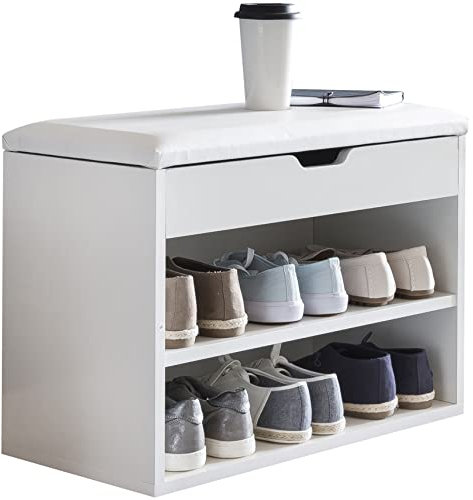möbelando Schuhbank mit Sitzfläche Weiß Garderoben-Bank Holz 60 x 40 x 30 cm | Holzbank klein gepolstert | Sitzbank schmal Flur mit Stauraum | Truhenbank Schuhtruhe Flurmöbel