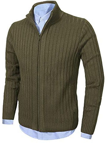 AOLI RAY Herren Strickjacke Stehkragen Cardigan mit Reißverschluß und Taschen Feinstrike Pullover Army Grün L