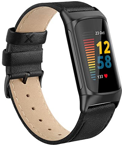 Tuocal Echtleder Armband Kompatibel Mit Fitbit Charge 6/5 für Damen Herren - Weiches Atmungsaktives Ersatzarmband Sport Leder