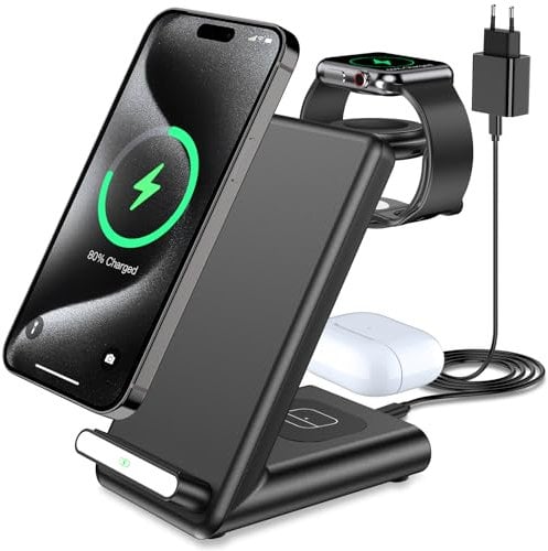 3 in 1 Kabelloses Ladegerät, Induktive Ladestation für iPhone 16 15 14 13 12 11 Pro Max/16e/XS/8, Schnelles Ladeständer für Apple Watch Ultra 10 9 8 7 6 SE 5 4 3 und Air Pods Pro