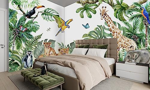 MFWFM Safari Wallpaper for Children with Animals Jungle Wall Mural Watercolor Animals Nursery Wallpaper Kids Room Decor(Not Peel n' Stick)