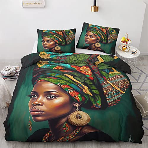 GEDAEUBA Sommer Bettwäsche 200x220 Afrikanische Frau - Afrika Bettbezug 200 x 220 3 teilig, Wendebettwäsche und Kissenbezug 80x80, Weiche & Angenehme Mikrofaser Bettwäsche-Sets mit Reißverschluss