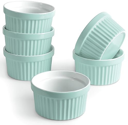 homEdge Juego de moldes de porcelana, 240 ml, cuenco para helado, taza de soufflé de ramequines para hornear, juego de 6 unidades, turquesa