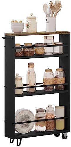 WOLTU Carrito de Cocina con 3 Niveles, Carro Auxiliar Cocina con Ruedas, Estanteria Estrecha de Almacenamje de Cocina en Madera y Metal, con Frenos y Asa, Marrón Rústico Negro