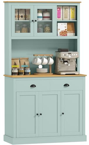 HOMCOM Kitchen Pantry Storage Cabinet with Microwave Stand, 71 Modern Kitchen Hutch with Open Countertop, Glass Doors, Storage Drawers and Adjustable Shelves for Dining Room, Coffee Bar, Light Green