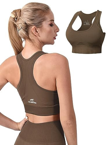 CLDFHX Damen Sport BH Nahtlos mit Polstern Ohne Bügel Flex Racerback Fitness BH Ohne Verschluss zum Yoga Joggen Laufen Pilates, Braun, XXL