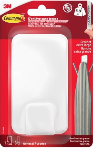 Command Gancho, Blanco, Extragrande XL para Objetos Pesados, 1 Gancho + 3 Tiras Adhesivas, para Interiores y Otros Artículos de Hasta 6,8 kg, sin Clavos, sin Agujeros, sin Taladrar