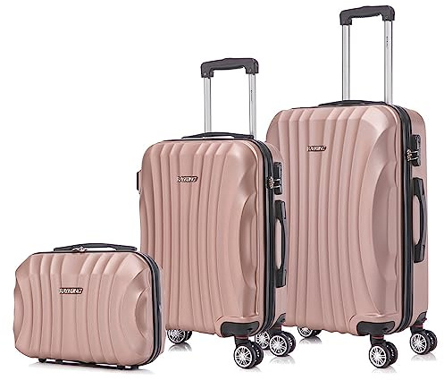 RAYKONG Juego de Maletas ABS Rígida 3 Piezas|Maleta Cabina 55cm|Maleta Mediana 68cm|Neceser 29cm|RosaDorada