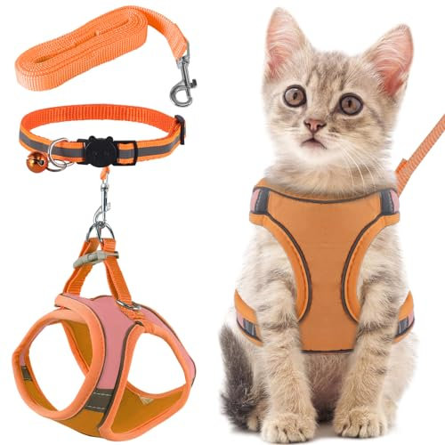 FIHODONE Katzengeschirr mit Katzenleine Katzenhalsband,Katzengeschirr mit Leine Ausbruchsicher,Cat Harness Verstellbar,Katzenleine mit Geschirr für Katzen Orange mit Reflexstreifen (S, Orange)