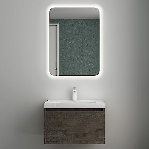 Mai & Mai Badmöbelset Badezimmermöbel Grau-braun Waschbeckenunterschrank 60 cm mit Waschschbecken aus Mineralguss und LED-Badspiegel Salerno
