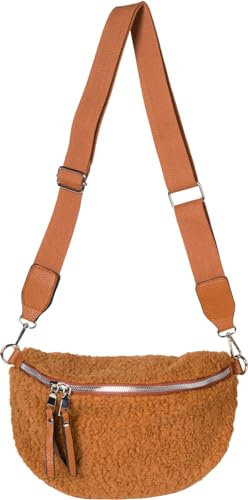 styleBREAKER Damen Teddyfell Halbmond Crossbody Schultertaschen Einfarbig, verstellbarer Schultergurt 02012403, Farbe:Cognac