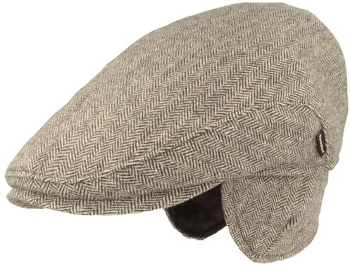 Breiter Herren Winter Schiebermütze mit Ohrenklappen Flatcap Schirmmütze 100% Wolle Mütze mit ausklappbarer Ohrenschutz Hautfreundlich & Bequem 61