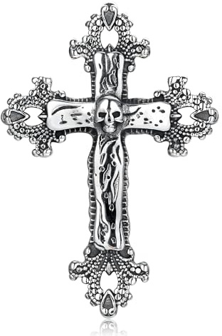 GTHIC Gothic Stainless Steel Skull Budded Cross Pendant Necklaces For Men Women Vintage Jewelry Gift, Silver Pendant