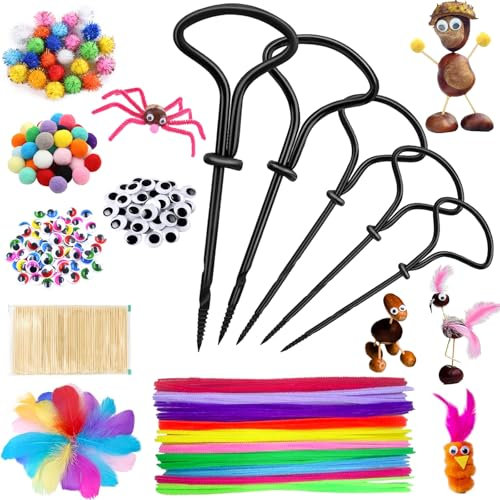 JOYEASE Kastanienbohrer Kinder Set, 505 tlg DIY Kastanien Bastelset Kinder Herbst, 1,5-5mm Handbohrer zum Basteln mit Kastanien, inkl. 250 Zahnstocher Federn Wackelaugen Pompons Pfeifenreiniger