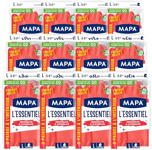 MAPA Spontex L'Essentiel - 24 Gants de Ménage en Latex intérieur Fibres de Coton - Sensibilité et Flexibilité - Revêtement antidérapant - 12 pack de 2 paires - Taille L