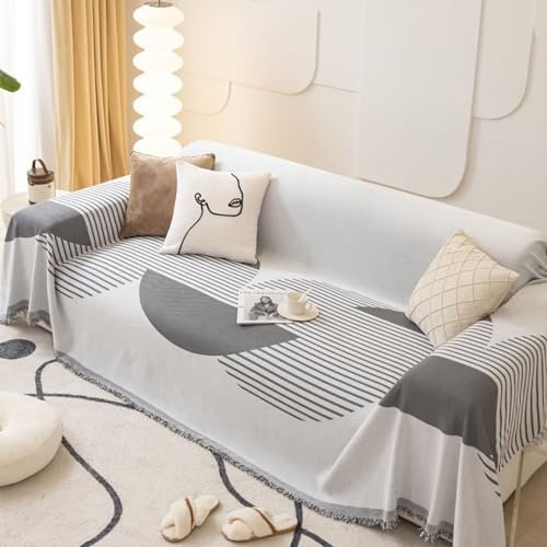 Epinki Sofa Überzug, 180x400CM Sofabezug 7 Sitzer mit Quaste Geometrische Muster Muster, rutschfeste Sofaschoner aus Chenille für Wohnzimmer, Grau