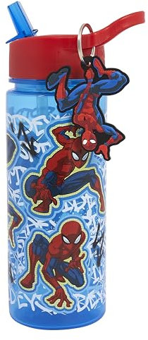 Polar Gear Spiderman Kids 500ml Water Bottle with Straw - Back to School Boys Water Bottle with Spiderman Keyring Charm, Blue & Red