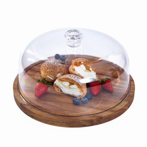 LiTY Cake Stand with Lid, Acacia Wood 12in Round Cake Holder, 2-in-1 Dessert Table Display Set & Charcuterie Board for Cheese, Chips & Dips, Nachos, Fruit Platter, Large Acrylic Cake Dome Cover