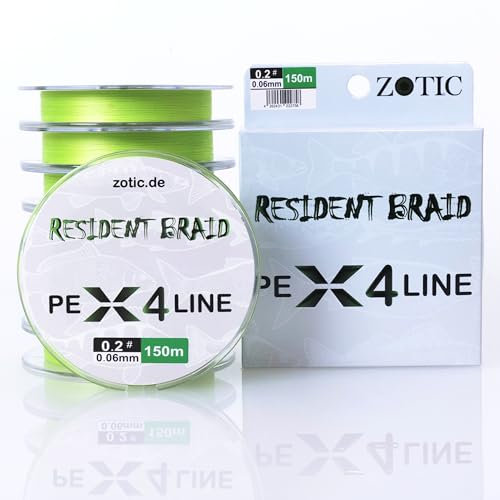 Zotic Resident Braid PE X4/X8-4-fach/8-fach geflochtene Angelschnur für Baitcaster u. Spinnrute, Profi Angelzubehör, Raubfisch, Angelsehne, 100m 150m 300m (X4 Grün, 100m - 0.06mm - 4.1kg)