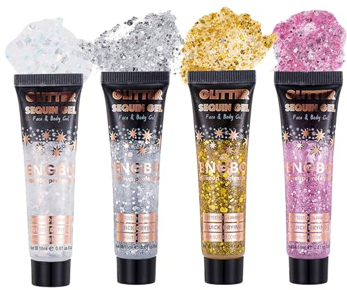 Glitter Corpo, MKNZOME 4 pezzi Glitter Capelli Brillantini Corpo Ombretto Liquido Glitter Brillantini Make Up per Capelli, Viso,Festival Musicali,Halloween, Natale, Club, Feste