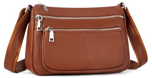 befen Umhängetasche aus echtem Leder für Damen, mittelgroße Taschenbücher, Schultertaschen, Handtaschen mit mehreren Reißverschlusstaschen, Cognac-Braun