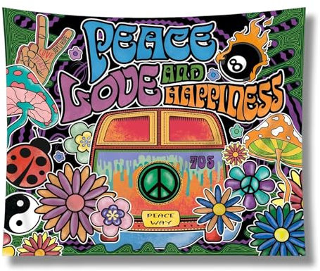 Retro Party Deko - Buntes Hintergrundbanner im Vintage-Stil für Feiern, Wandtisch & Fotowand - 'Peace and Love Happiness' Textdesign