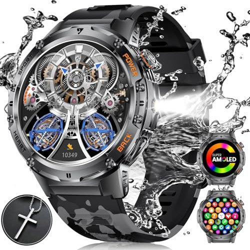 ESFOE Smartwatch Herren Militär mit Taschenlampe/530mAh Akku,1,43'' AMOLED Smart Watch mit 132 Sportmodi, 5ATM Wasserdicht Fitnessuhr mit Herzfrequenz SpO2,Telefonfunktion Outdoor Sportuhr Android iOS