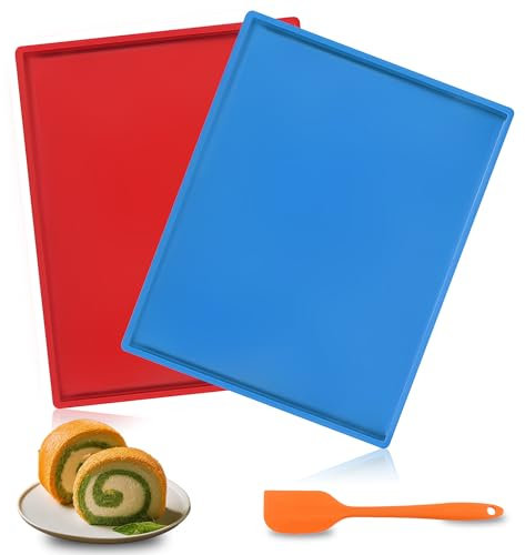 2 PCS Swiss Roll Cake Mat, Silicone Baking Trays for Oven Non Stick Baking Pad Heat Resistant Swiss Roll Tin Sheets Dehydrator Mats with Scraper (Red+Blue)