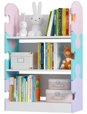 KEEPREAPER Bücherregal Kinder 3 Ablagefächern, Kinderregal, Kinder Aufbewahrungsregal Spielzeug-Organizer, für Kinderzimmer, 60x30x92cm(Macaronfarben Puzzle-Muster)