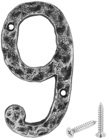 sourcing map House Address Number, 5.5 Inch Cast Iron Vintage Wall Number 9 Outside Numbers for Home Street Office Mailbox Sign, Black & Silver