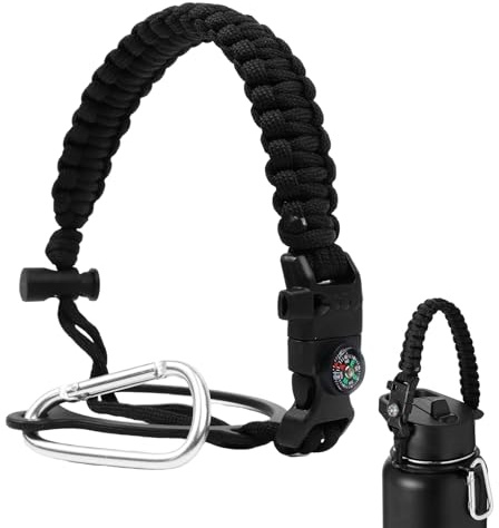 SMLBJUTE Water Bottle Handle Strap Paracord Handle Strap Cord with Carabiner Fits Wide Mouth Bottles 12oz to 64oz (1 Pack Black with Compass and Whistle)