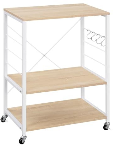 WOLTU Küchenregal auf Rollen, Mikrowellen-Regal, Servierwagen, Dreistufiger Mikrowellenhalter, 6 Ablagen, 4 Haken, Metallrahmen, Kunststoffholz, Helle Eiche + Weiß, 60x40x82,5 cm