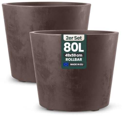 Kreher 2 x XL Pflanzkübel 'Millennium' in verschiedenen Formaten/Farben. Tolle Naturstein Optik in Anthrazit, Grau, Creme Weiß oder Braun! Aus robustem Kunststoff. (Braun, 2 x 80 Liter Rund)