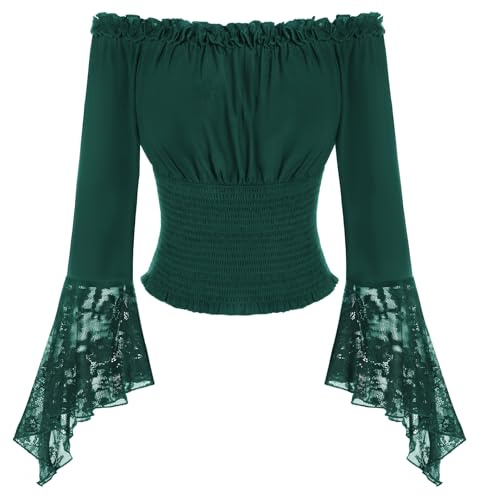 SCARLET DARKNESS Women Medieval Shirt Long Sleeve with Lace Off Shoulder Tops for Women Elastic Waist Blouse Dark Green L