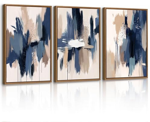 3 Pcs Abstract Framed Canvas Wall Art Set, Minimalist Beige Blue Watercolor Wall Decor Painting, Nordic Modern Neutral Art Prints Wall Pictures for Living Room Bedroom Dining Room Office 30X40cmX3