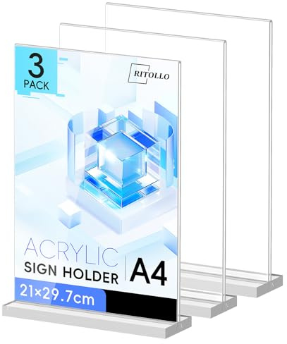 RITOLLO 3-Pack A4 Acrylic Sign Holders, Double-Sided T-Shape | Clear Perspex countertop display for menus, prices and notices in restaurants, cafés, shops and offices