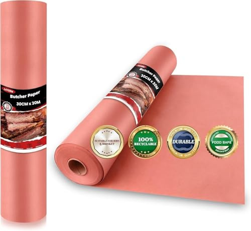 LATERN Rouleau de Papier de Boucherie, 30CM x 30M Qualité Alimentaire Papier Kraft Non Blanchi Non Ciré Non Couché Rose Boucher Papier pour Fumoir, Barbecue, Grille, Fumage, Cuisson de Viande Juteuse