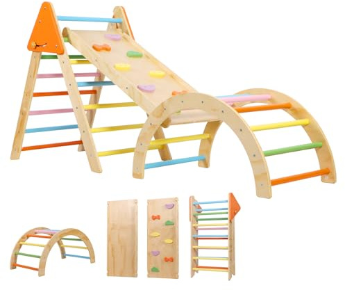 Panana Baby Toddler Climbing Frame, Foldable Wooden Toddler Climbing Indoor,Montessori Climber Indoor Set with Arch, Ramp, Ladder (Rainbow in 191cm Length)