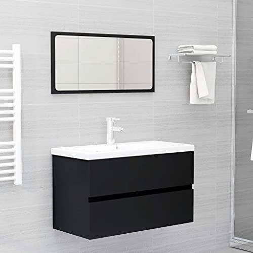 Owoxanthellate Owox Ensemble de salle de bain noir 80 × 38,5 × 45 cm : meuble sous-vasque avec lavabo à poser et miroir, en matériau dérivé du bois, pour petites salles de bains/WC d'invités